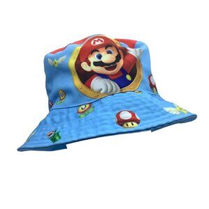Super Mario Reversible Bucket Hat Youth Size Blue Red Featuring Mario Graphics